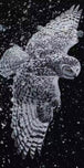 Diamond Painting mit fliegender Schneeeule, ausgebreiteten Flügeln und Kristallsplittern auf schwarzem Grund Mockup Pixelvorschau