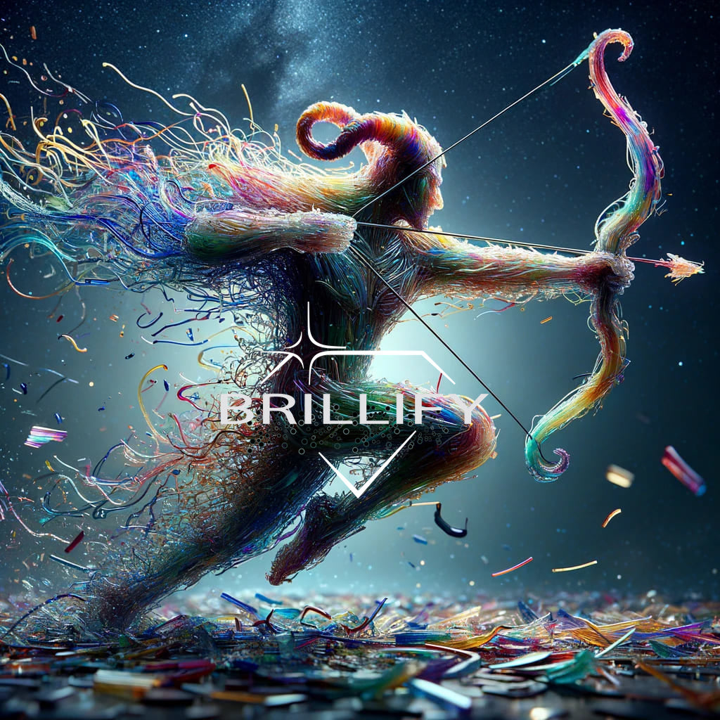 Diamond painting of the Sagittarius zodiac sign, galaxy, and archer with energy fragments made of colorful glass shards.