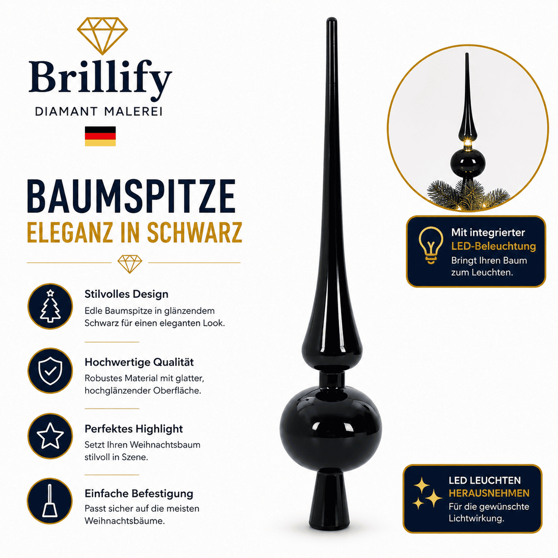 Elegante schwarze Baumspitze zur stilvollen Dekoration eines modernen künstlichen Weihnachtsbaums mit integriertem LED