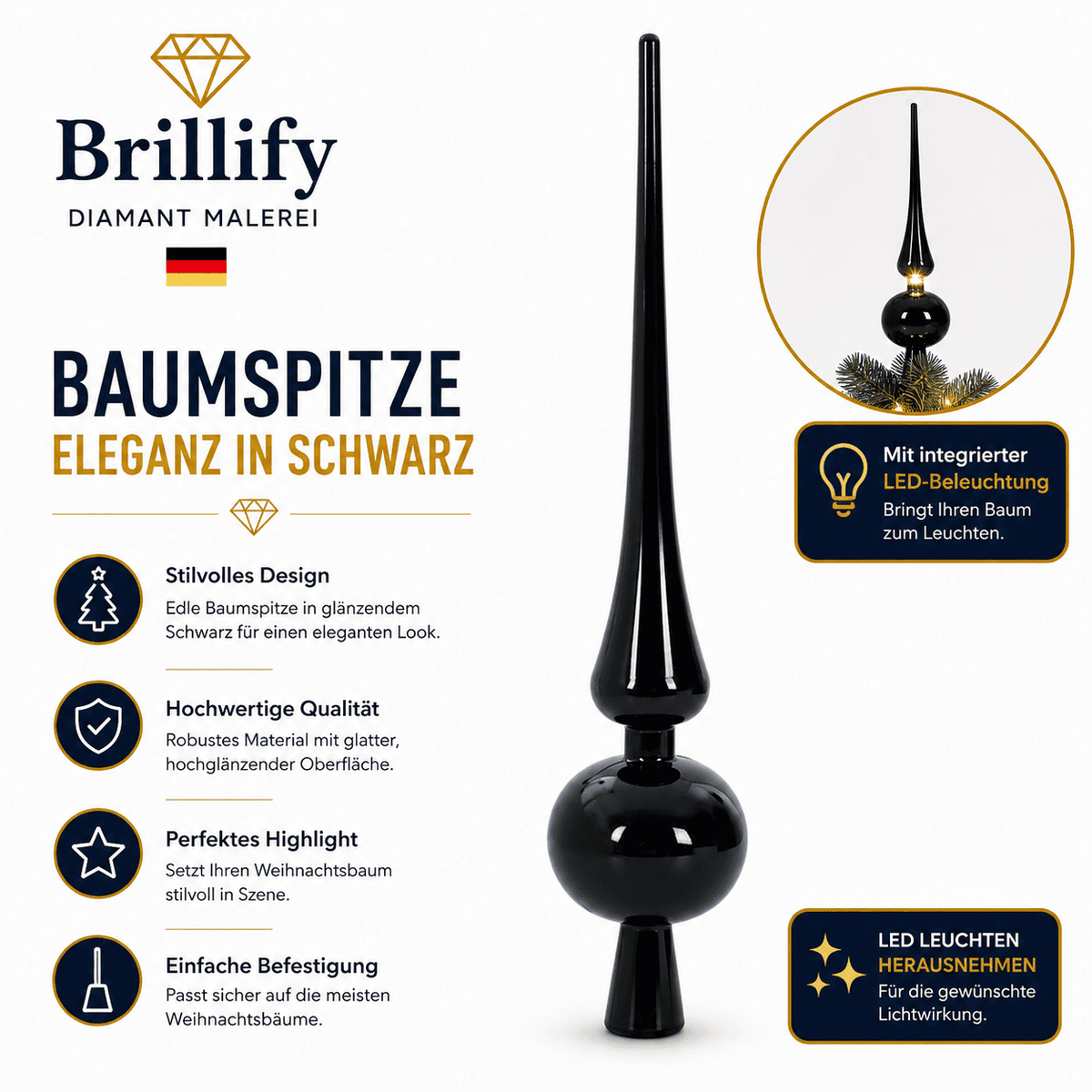 Elegante schwarze Baumspitze zur stilvollen Dekoration eines modernen künstlichen Weihnachtsbaums mit integriertem LED