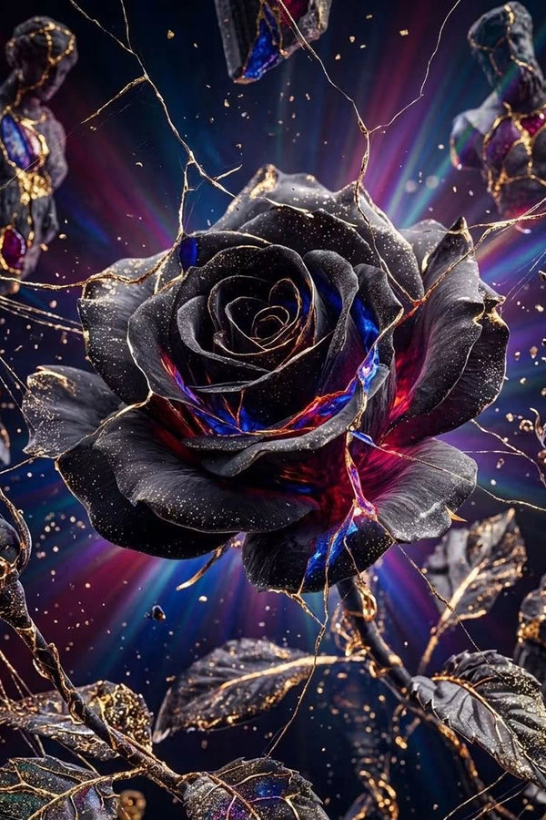 Diamond Painting mit schwarzer Rose, goldenen Rissen, blauen Reflexen und schwebenden Fragmenten