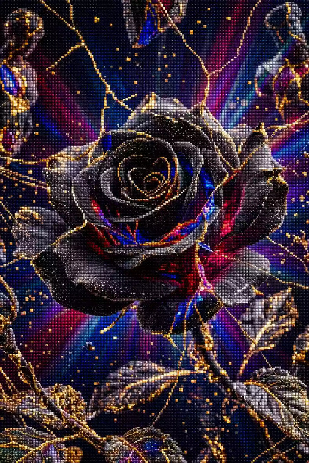 Diamond Painting mit schwarzer Rose, goldenen Rissen, blauen Reflexen und schwebenden Fragmenten, Mockup, Pixelvorschau