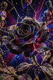 Diamond Painting mit schwarzer Rose, goldenen Rissen, blauen Reflexen und schwebenden Fragmenten, Mockup, Pixelvorschau