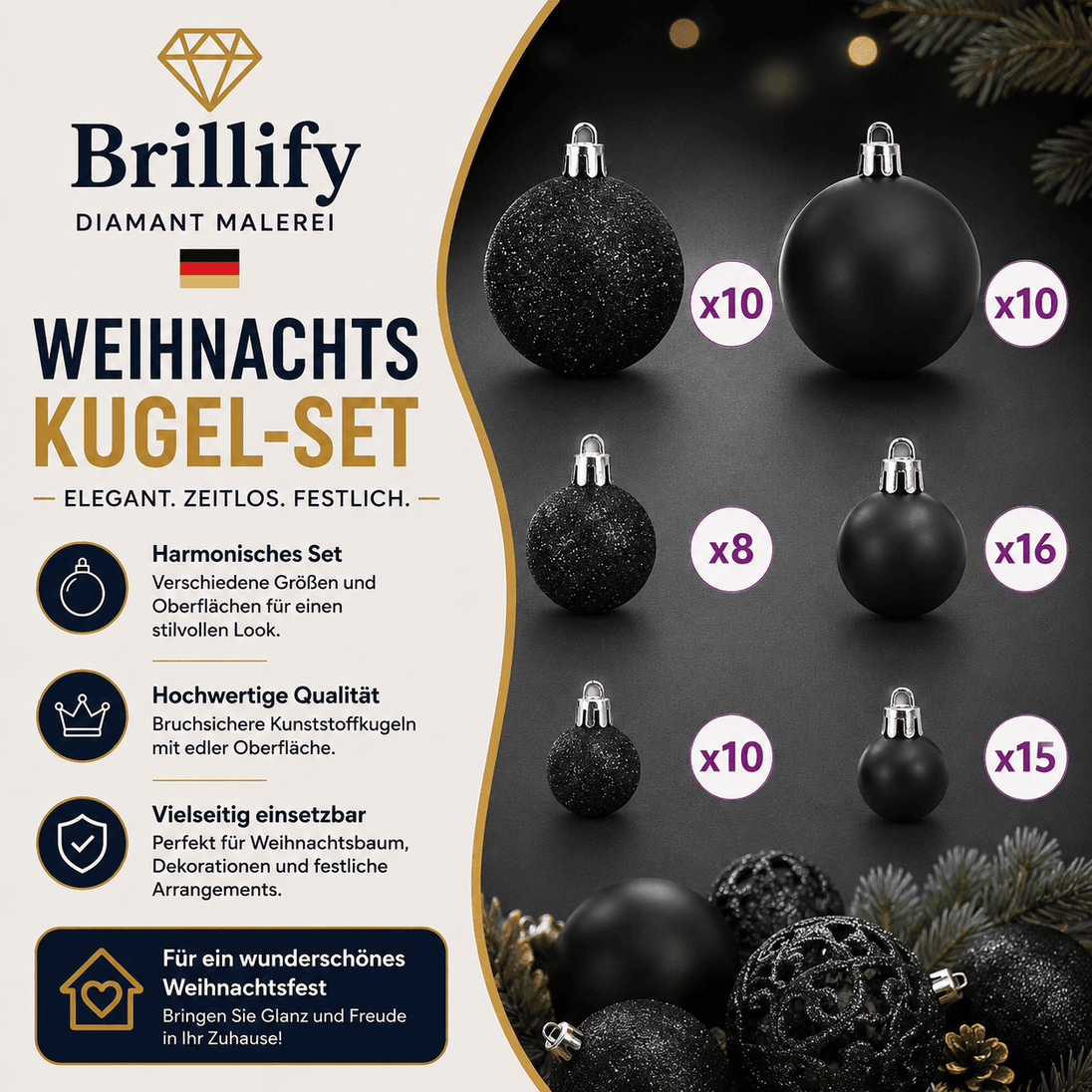 Schwarze Weihnachtskugeln in verschiedenen Größen für die elegante Dekoration des künstlichen Weihnachtsbaums