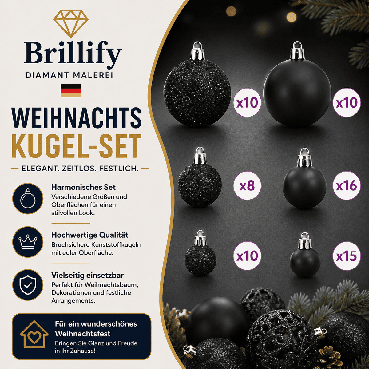 Schwarze Weihnachtskugeln in verschiedenen Größen für die elegante Dekoration des künstlichen Weihnachtsbaums