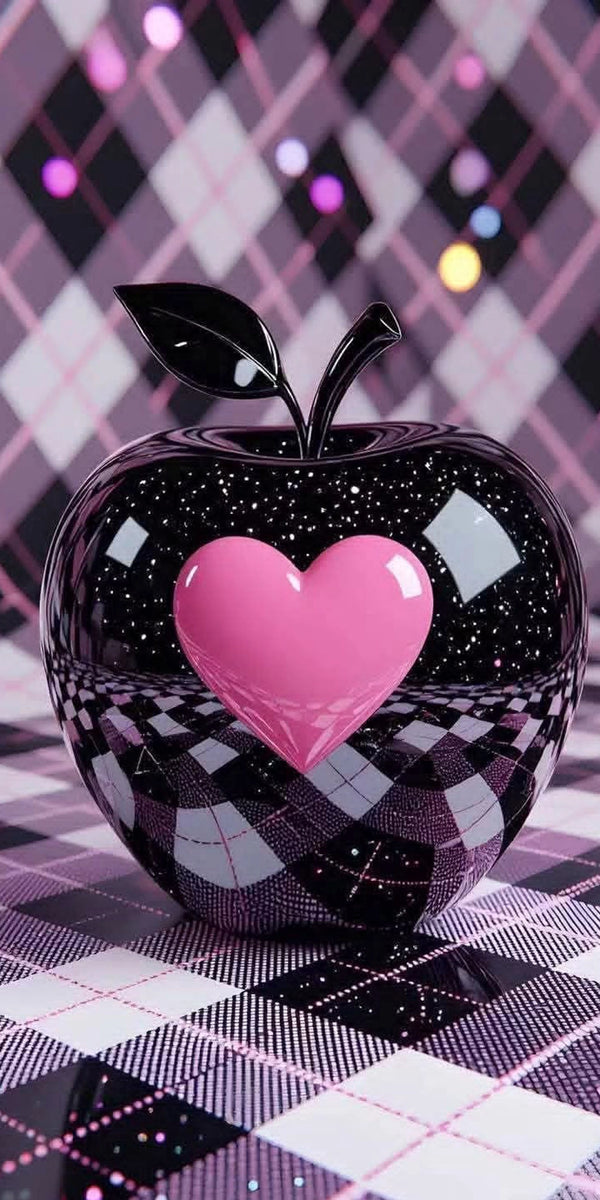 Diamond Painting mit schwarzem glänzendem Apfel, rosa Herz und violett-schwarzem Rautenmuster