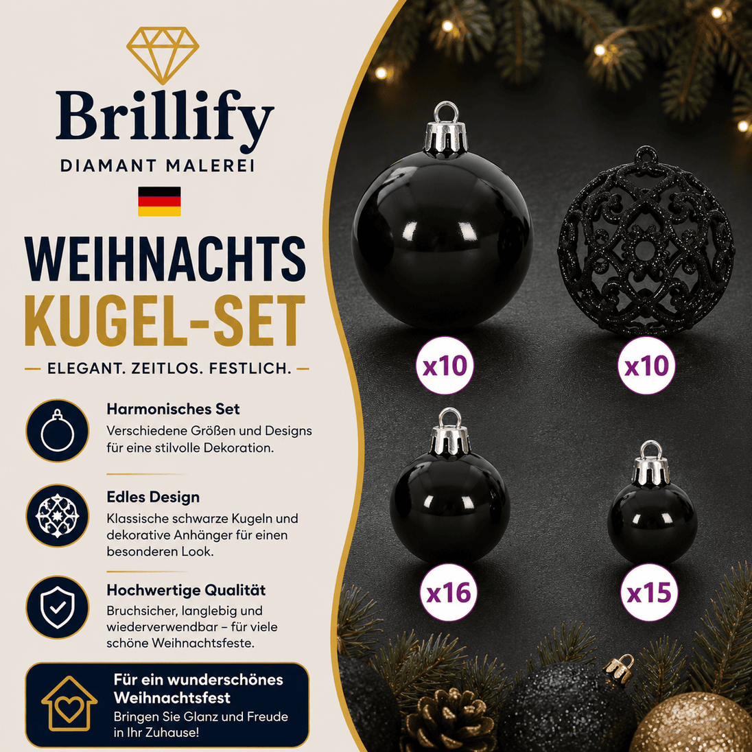 Schwarzes Weihnachtskugel-Set mit glänzenden, matten und dekorativ gemusterten Kugeln in verschiedenen Größen