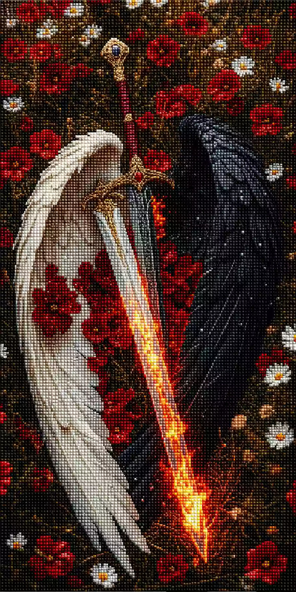 Diamond Painting Schwert mit Flügeln in Mohnblumen. Mock up