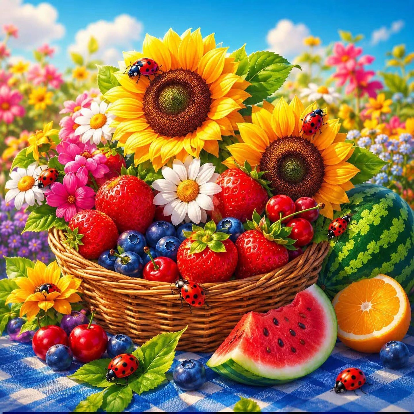 Diamond Painting mit Sonnenblumen, Früchtekorb, Beeren, Wassermelone und Marienkäfern