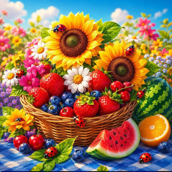 Diamond Painting mit Sonnenblumen, Früchtekorb, Beeren, Wassermelone und Marienkäfern