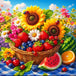 Diamond Painting mit Sonnenblumen, Früchtekorb, Beeren, Wassermelone und Marienkäfern