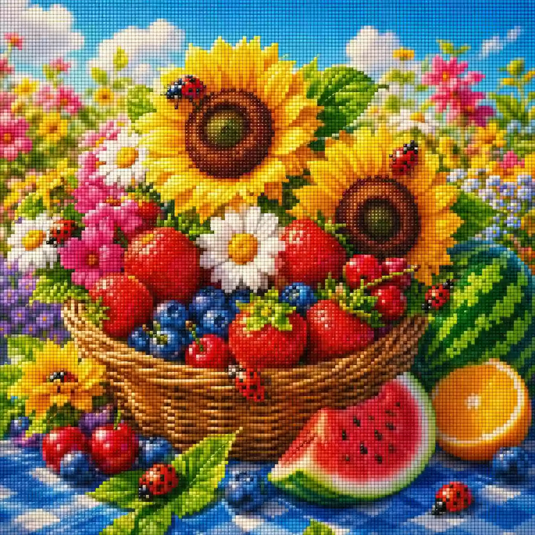 Diamond Painting mit Sonnenblumen, Früchtekorb, Beeren, Wassermelone und Marienkäfern, Mockup, Pixelvorschau