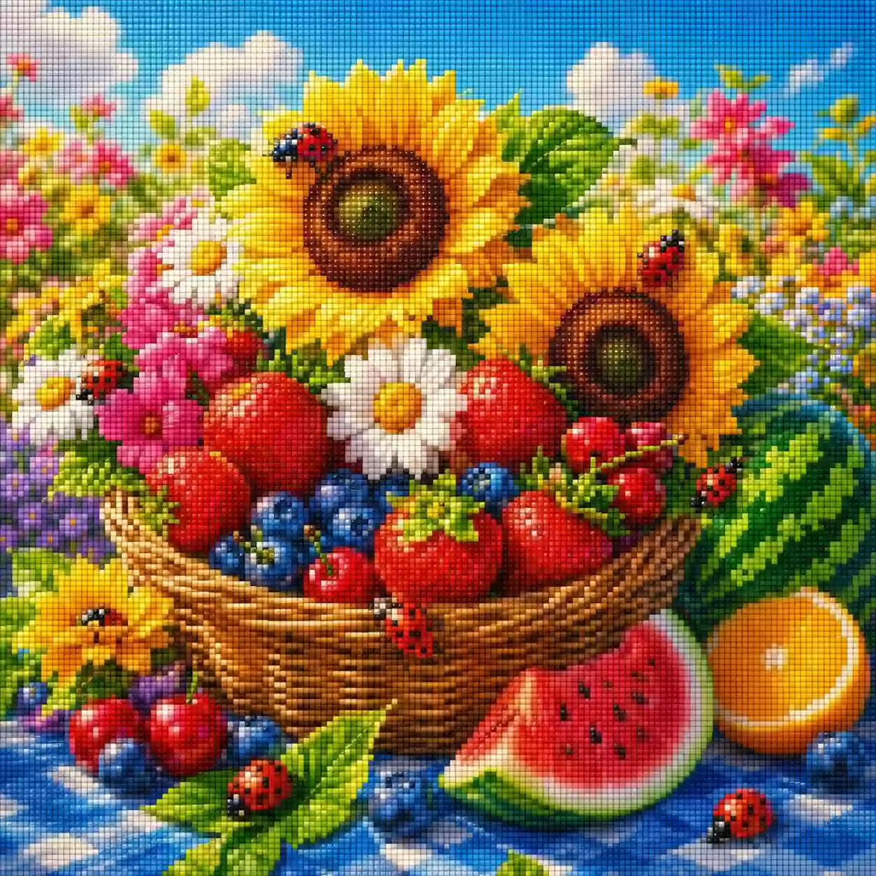 Diamond Painting mit Sonnenblumen, Früchtekorb, Beeren, Wassermelone und Marienkäfern, Mockup, Pixelvorschau