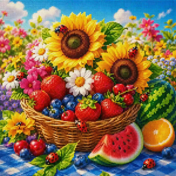 Diamond Painting mit Sonnenblumen, Früchtekorb, Beeren, Wassermelone und Marienkäfern, Mockup, Pixelvorschau
