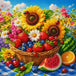 Diamond Painting mit Sonnenblumen, Früchtekorb, Beeren, Wassermelone und Marienkäfern, Mockup, Pixelvorschau