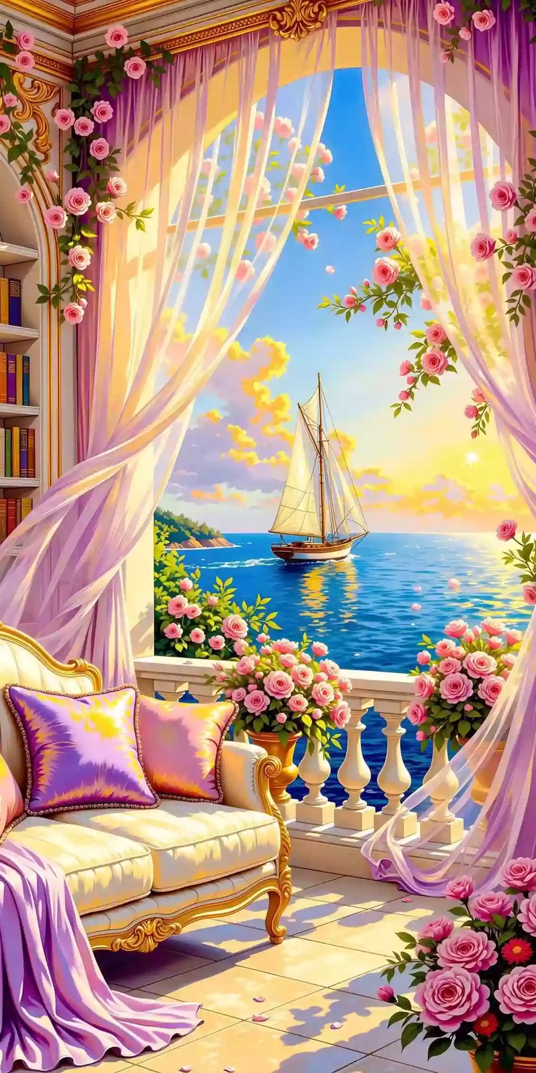 Diamond Painting Balkon am Meer mit Rosen.
