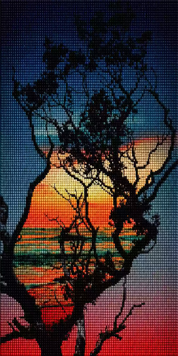 Dramatischer Sonnenuntergang am Meer mit Baum als Diamond Painting. Mock up