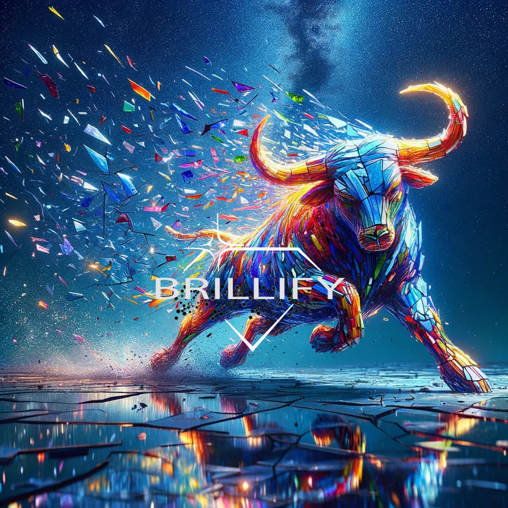 Diamond painting of the Taurus zodiac sign as a dynamic running crystal bull against a starry sky.