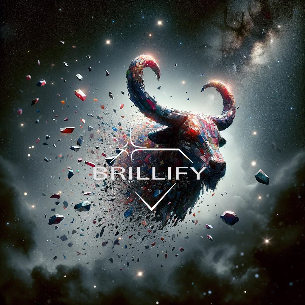 Diamond Painting Sternzeichen Stier als fragmentierter Mosaikstier im Nebel