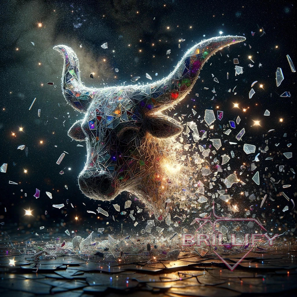 Diamond Painting
Sternzeichen Stier. Ein filigraner Stierkopf aus leuchtenden Netzstrukturen und bunten Glassteinen schwebt über einer zerbrochenen Glasfläche.
