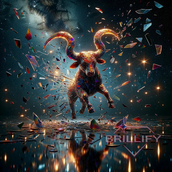 Diamond painting of the Taurus zodiac sign. A glowing bull made of mosaic elements with golden, luminous horns leaps across a reflective surface.