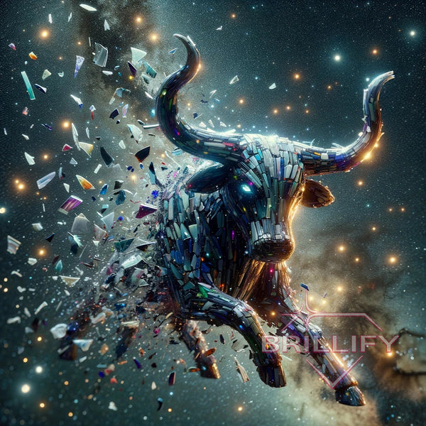 Diamond painting of the Taurus zodiac sign, a monumental figure made of dark blocks in space.