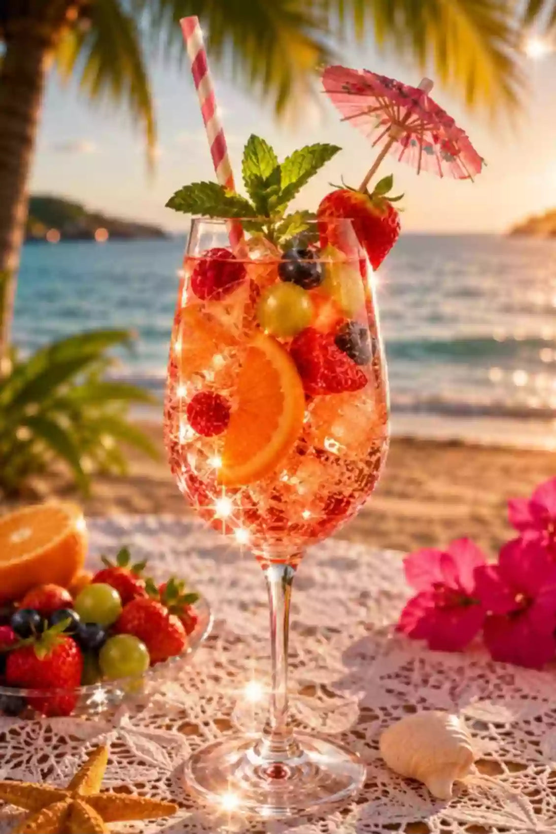 Diamond Painting mit Fruchtcocktail, Beeren, Orange, Minze und Sonnenschirm vor einem Palmenstrand