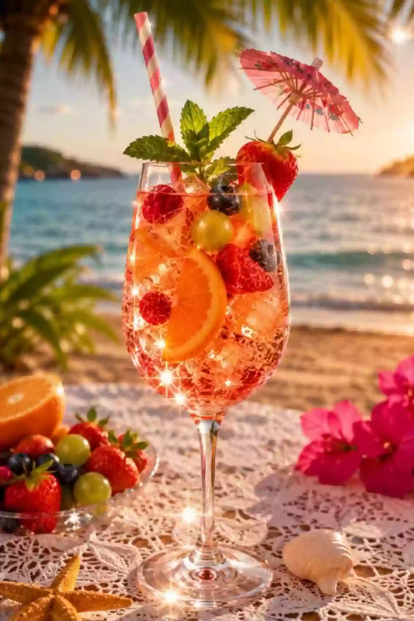 Diamond Painting mit Fruchtcocktail, Beeren, Orange, Minze und Sonnenschirm vor einem Palmenstrand