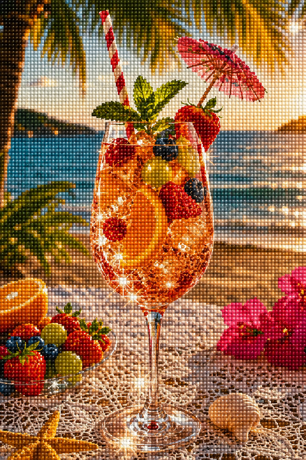 Diamond Painting mit Fruchtcocktail, Beeren, Orange, Minze und Sonnenschirm vor einem Palmenstrand Mockup