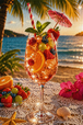 Diamond Painting mit Fruchtcocktail, Beeren, Orange, Minze und Sonnenschirm vor einem Palmenstrand Mockup