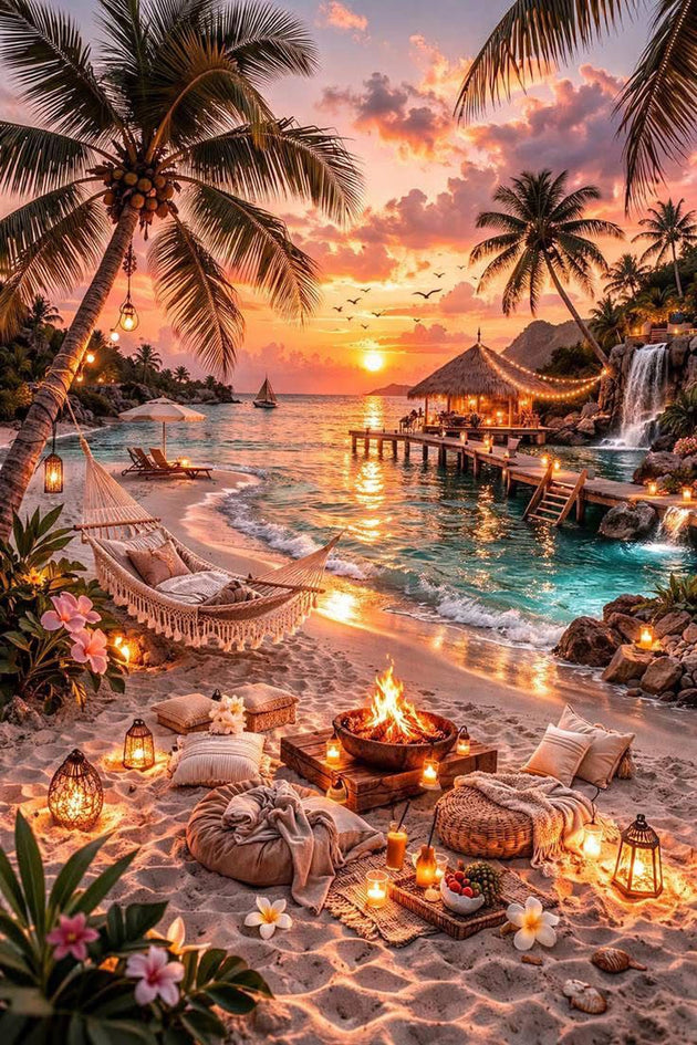 Tropischer Strand mit Palmen und Sonnenuntergang als Diamond Painting.