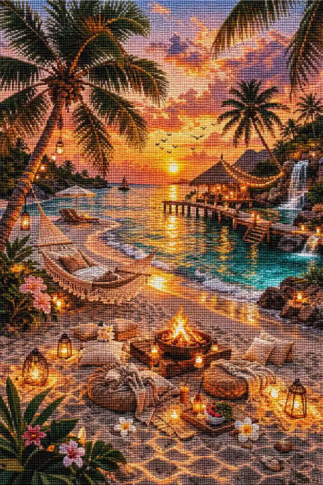 Tropischer Strand mit Palmen und Sonnenuntergang als Diamond Painting. Mockup Pixelvorschau