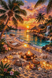 Tropischer Strand mit Palmen und Sonnenuntergang als Diamond Painting. Mockup Pixelvorschau