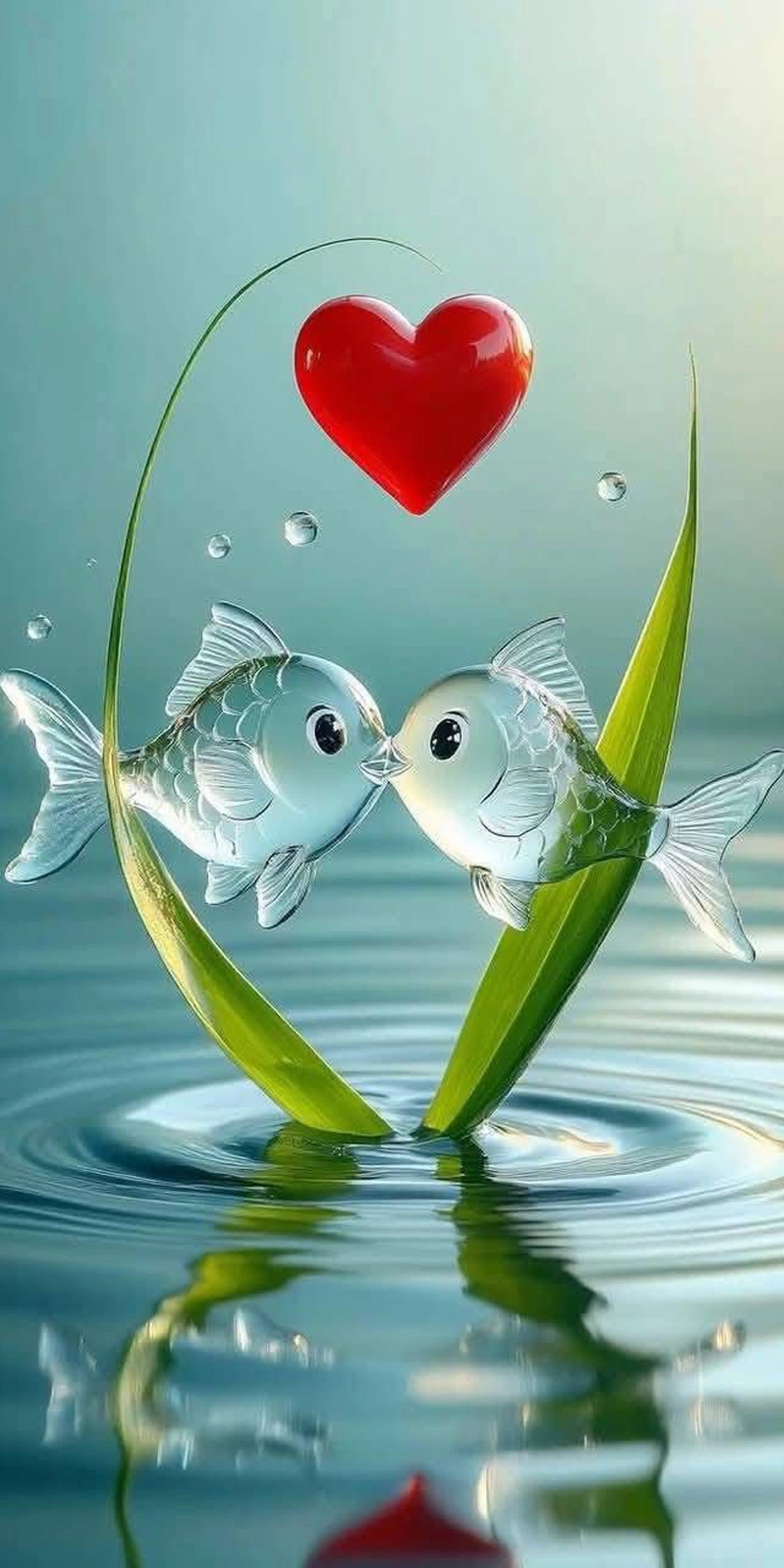 Diamond Painting mit zwei transparenten Fischen, grünen Wasserblättern, Wellen und rotem Herz
