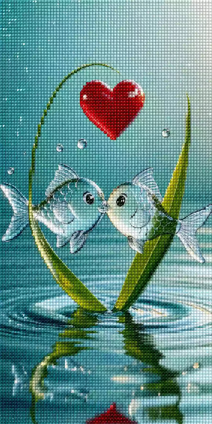 Diamond Painting mit zwei transparenten Fischen, grünen Wasserblättern, Wellen und rotem Herz Mockup