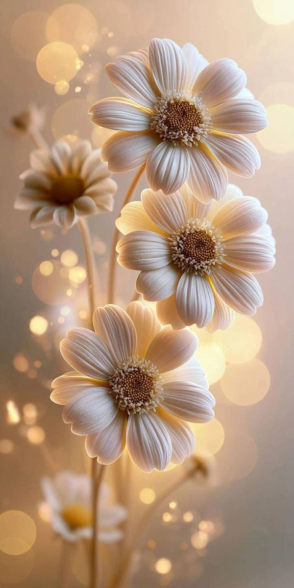 Diamond Painting mit weißen Margeriten, braunen Blütenmitten und goldenem Bokeh im Hintergrund