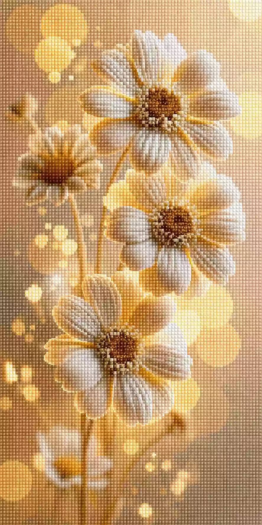 Diamond Painting mit weißen Margeriten, braunen Blütenmitten und goldenem Bokeh im Hintergrund Mockup Pixelvorschau
