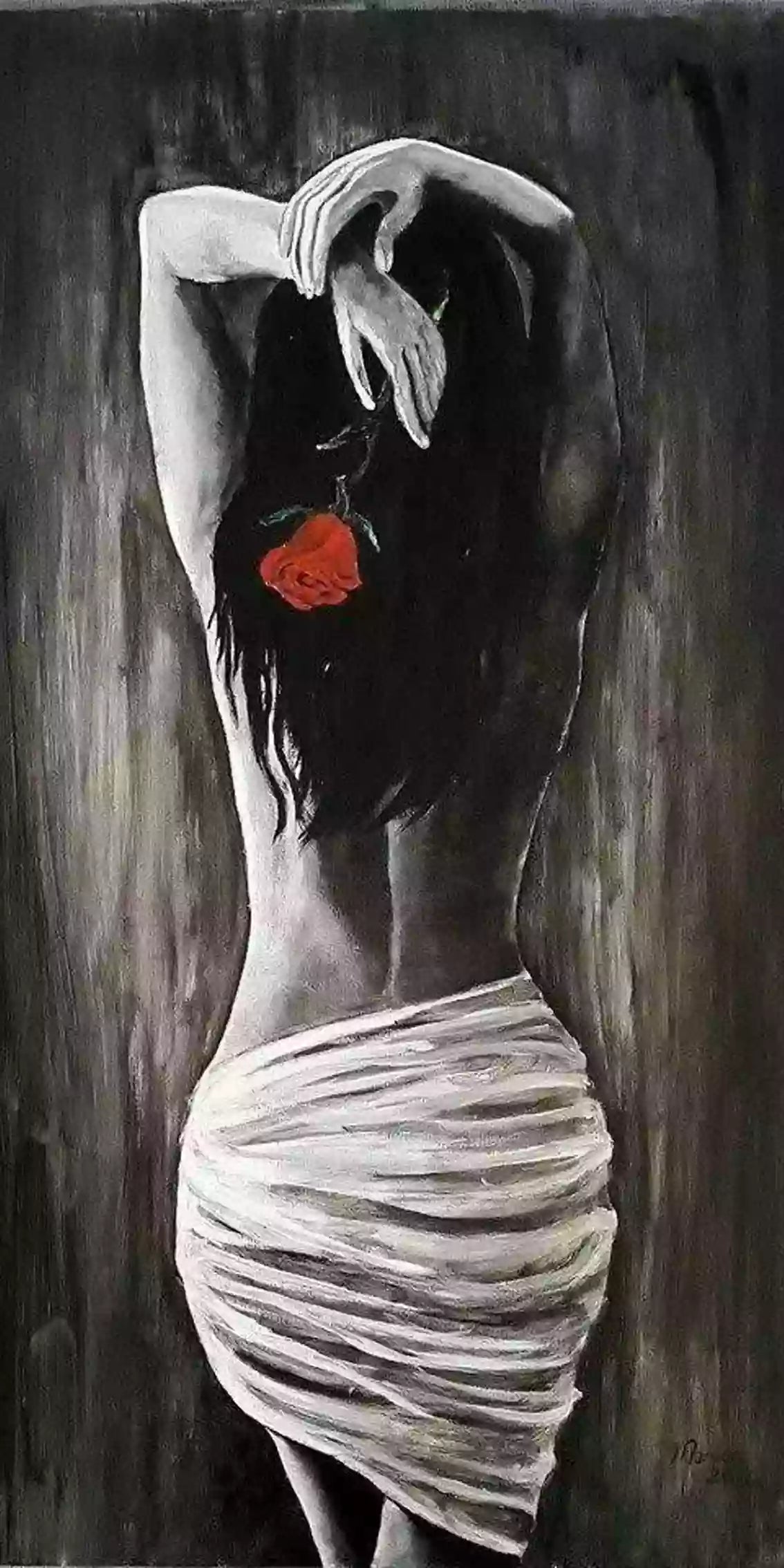 Weiblicher Rücken mit einer roten Rose im Diamond Painting Stil.