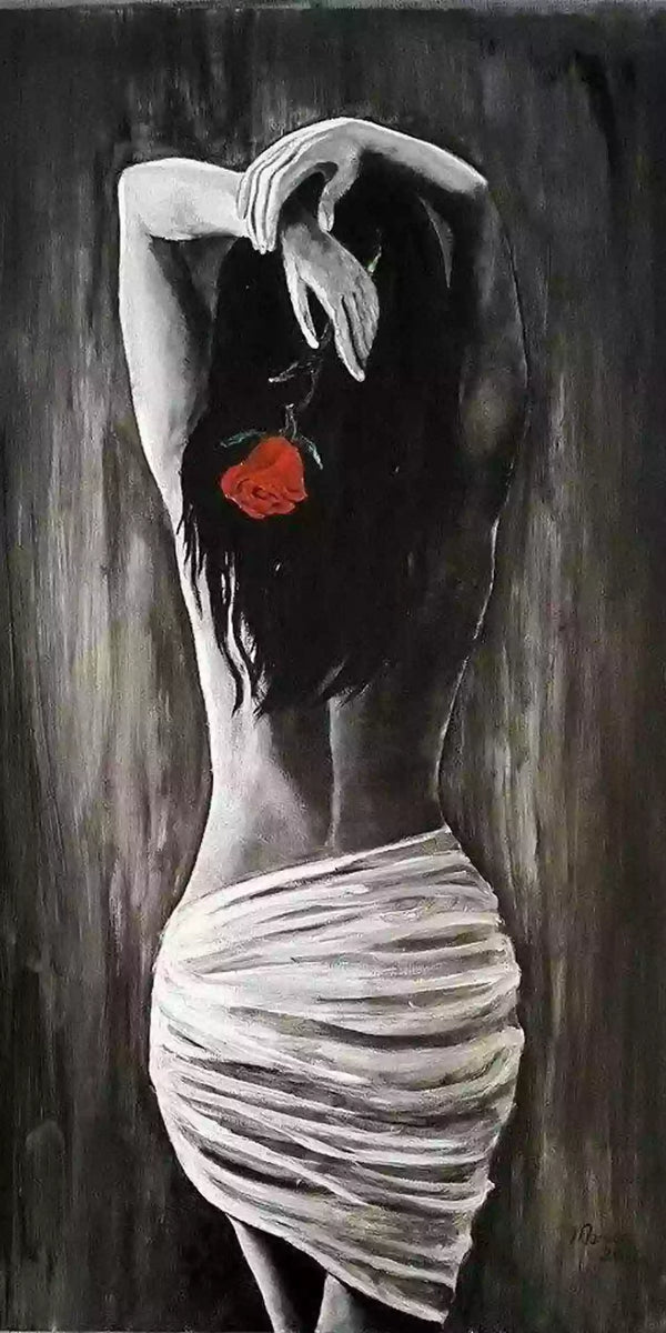Weiblicher Rücken mit einer roten Rose im Diamond Painting Stil.