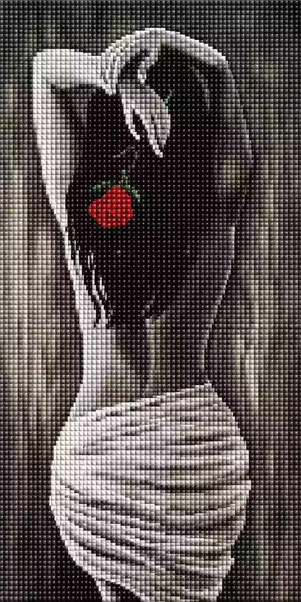 Weiblicher Rücken mit einer roten Rose im Diamond Painting Stil. Mock up