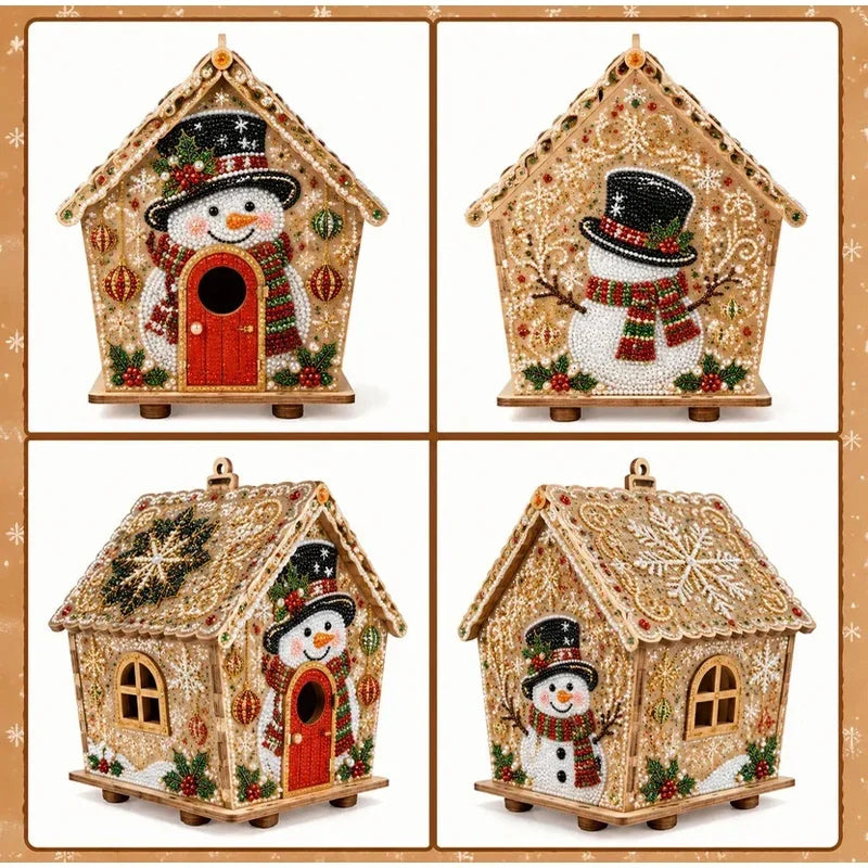 DIY Weihnachts-Häuschen aus Holz mit Schneemann und funkelnder Weihnachtsdekoration