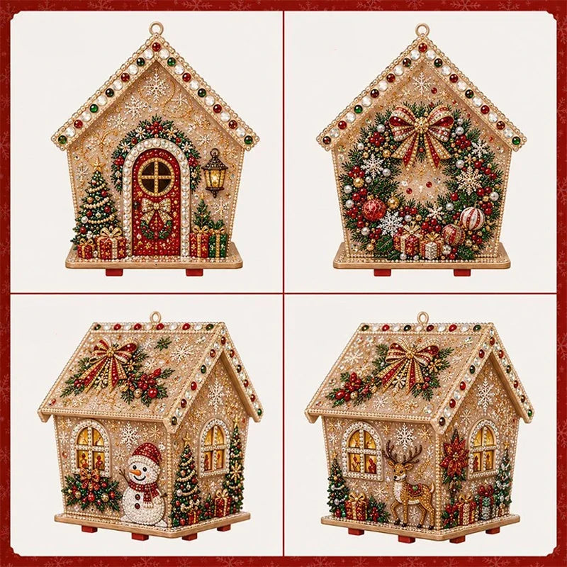 DIY Weihnachts-Häuschen aus Holz mit Weihnachtskranz und funkelnden Schmucksteinen