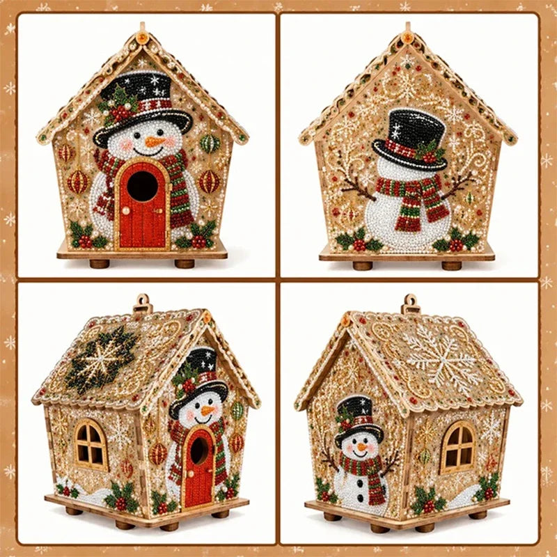 DIY Weihnachts-Häuschen aus Holz mit Schneemann, Perlen und festlicher Weihnachtsdekoration
