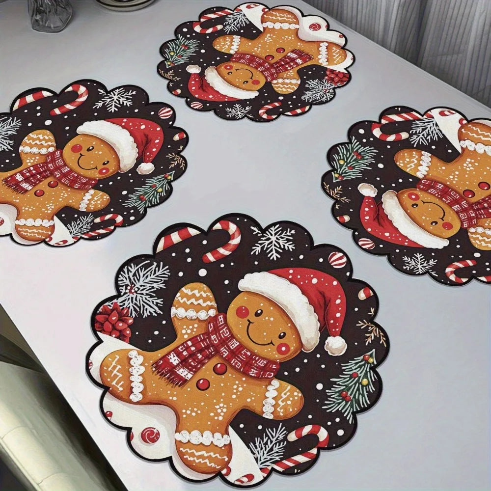 Weihnachtliche Tischsets mit Lebkuchenmann, Weihnachtsmütze, Zuckerstangen, Beeren und Schneeflocken für die festliche Tischdekoration