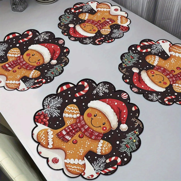 Weihnachtliche Tischsets mit Lebkuchenmann, Weihnachtsmütze, Zuckerstangen, Beeren und Schneeflocken für die festliche Tischdekoration