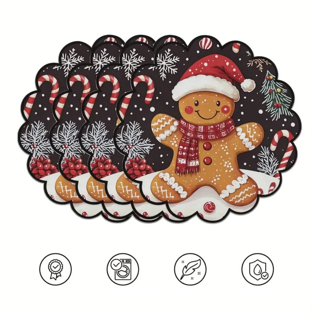 vierteiliges Weihnachts Tischset mit Lebkuchenmann, Zuckerstangen und Schneeflocken auf schwarzem Hintergrund