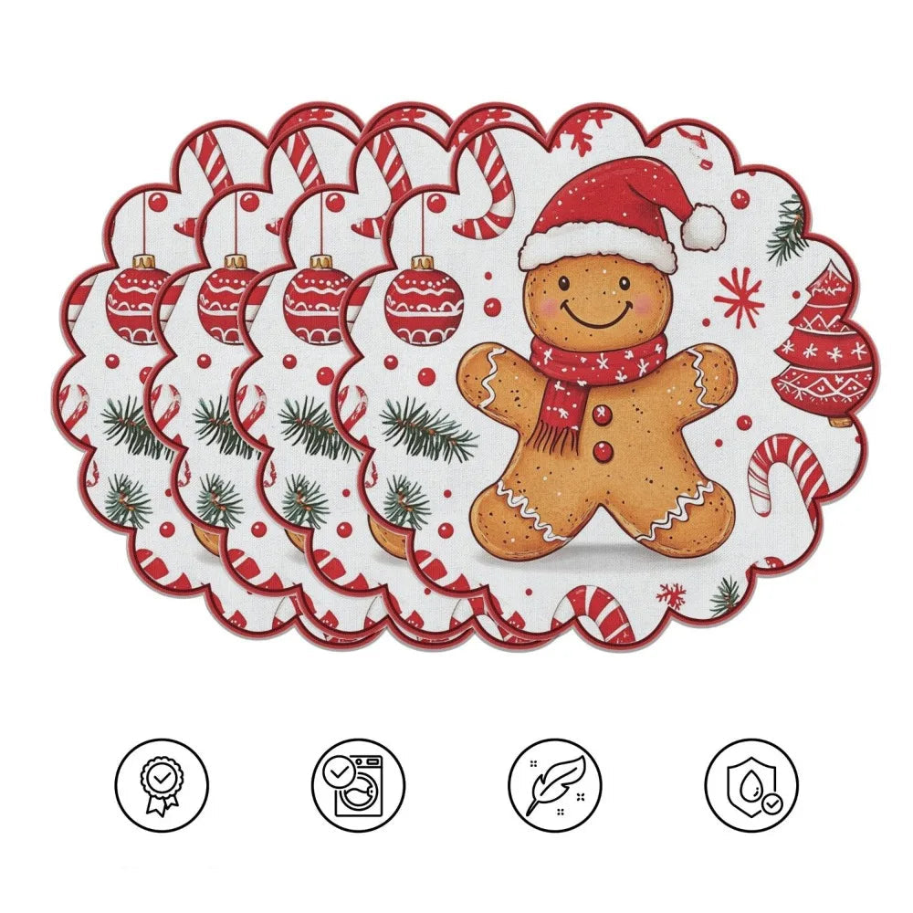 vierteiliges Weihnachts Tischset mit Lebkuchenmann und roten Weihnachtsmotiven auf weissem Hintergrund
