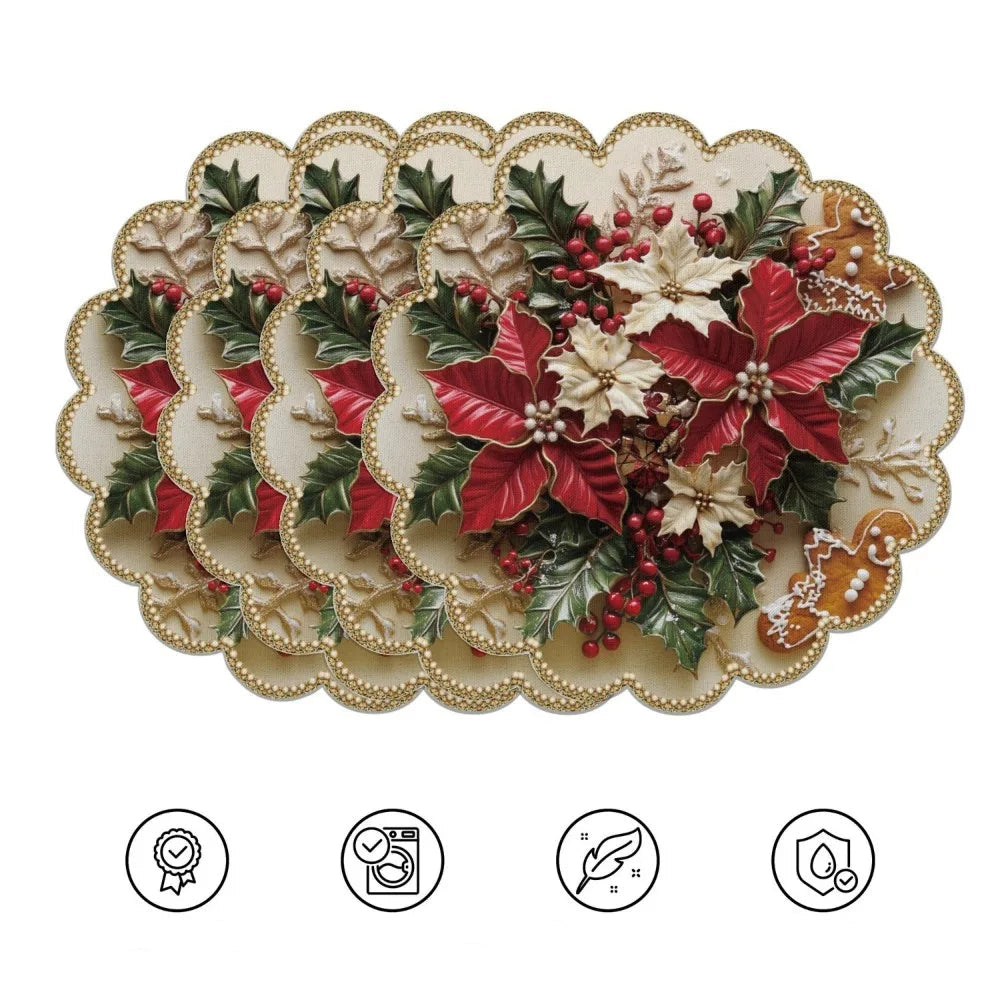 vierteiliges Weihnachts Tischset mit roten Weihnachtssternen, Tannengrün und festlichen Ornamenten