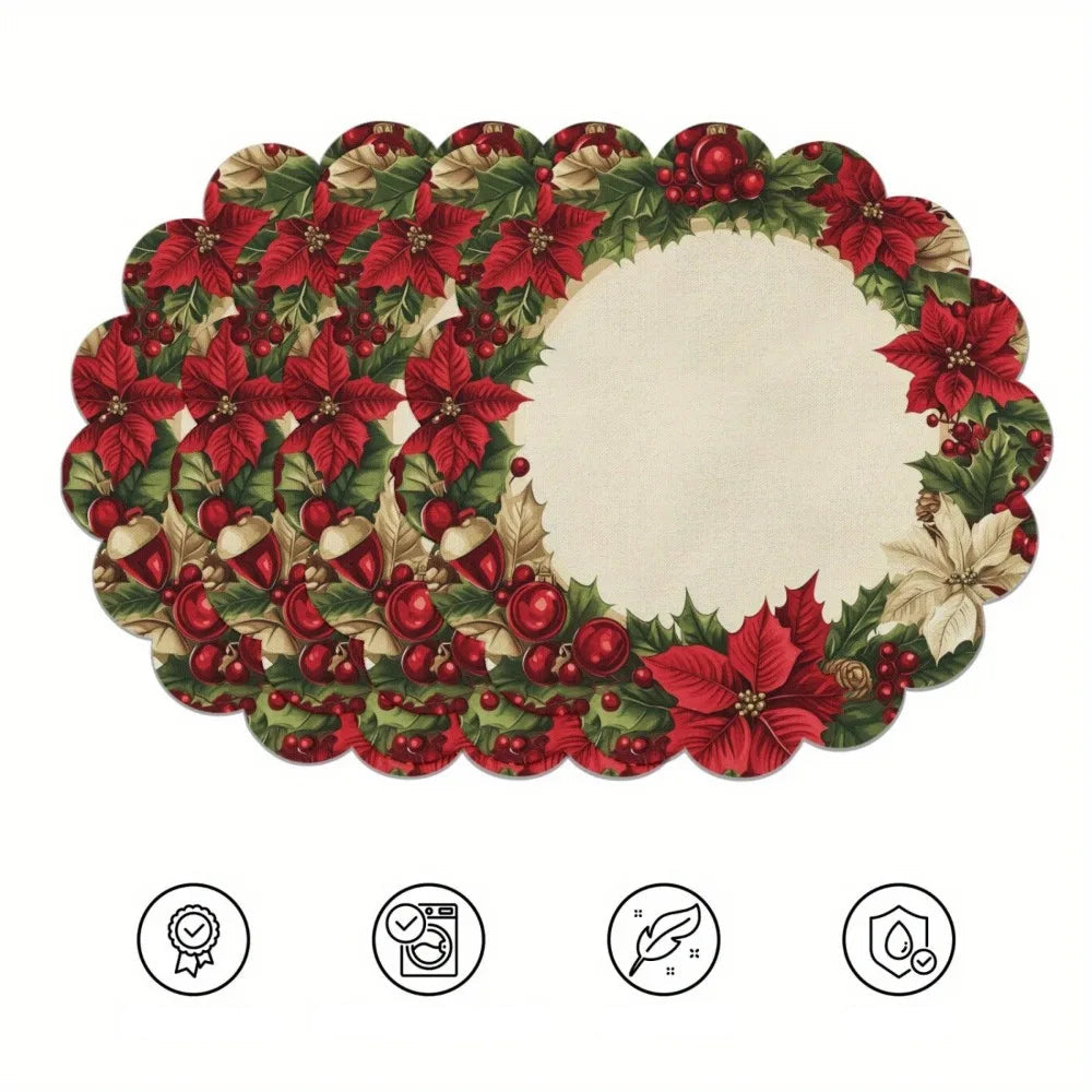 vierteiliges Weihnachts Tischset in Kranzform mit roten Weihnachtssternen und grünem Tannendekor für die Weihnachtstafel
