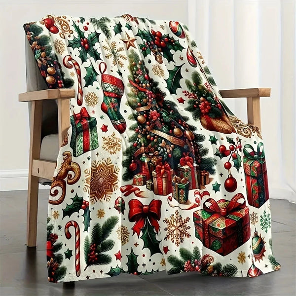 Cozy Christmas blanket with Christmas tree, presents, candy canes, snowflakes and classic Christmas motif